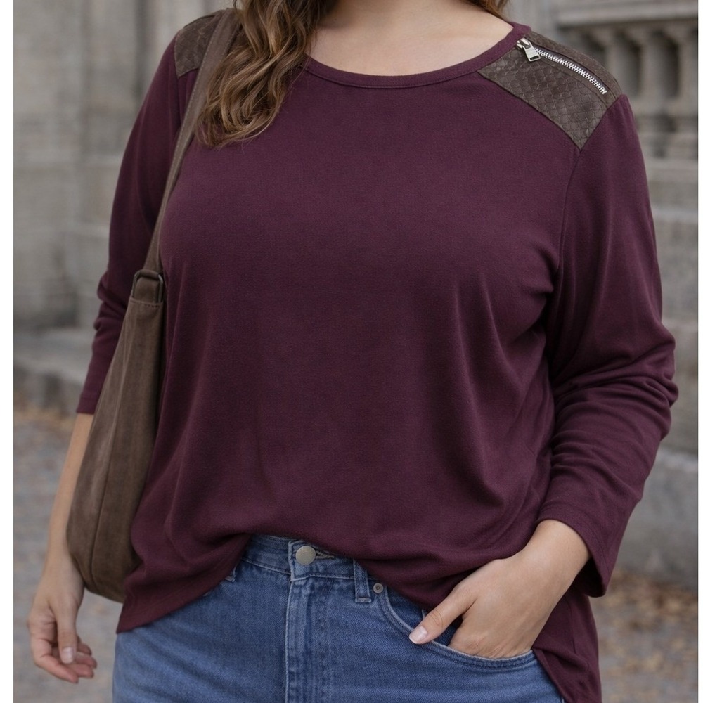 Lauren Ralph Lauren Burgundy‎ Long Sleeve Top Faux Suede Zipper Shoulder Plus 3X